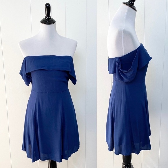 LuLu's Crossroad Cutie Navy Blue Off-the-Shoulder Mini Dress Size Medium - Picture 2 of 16